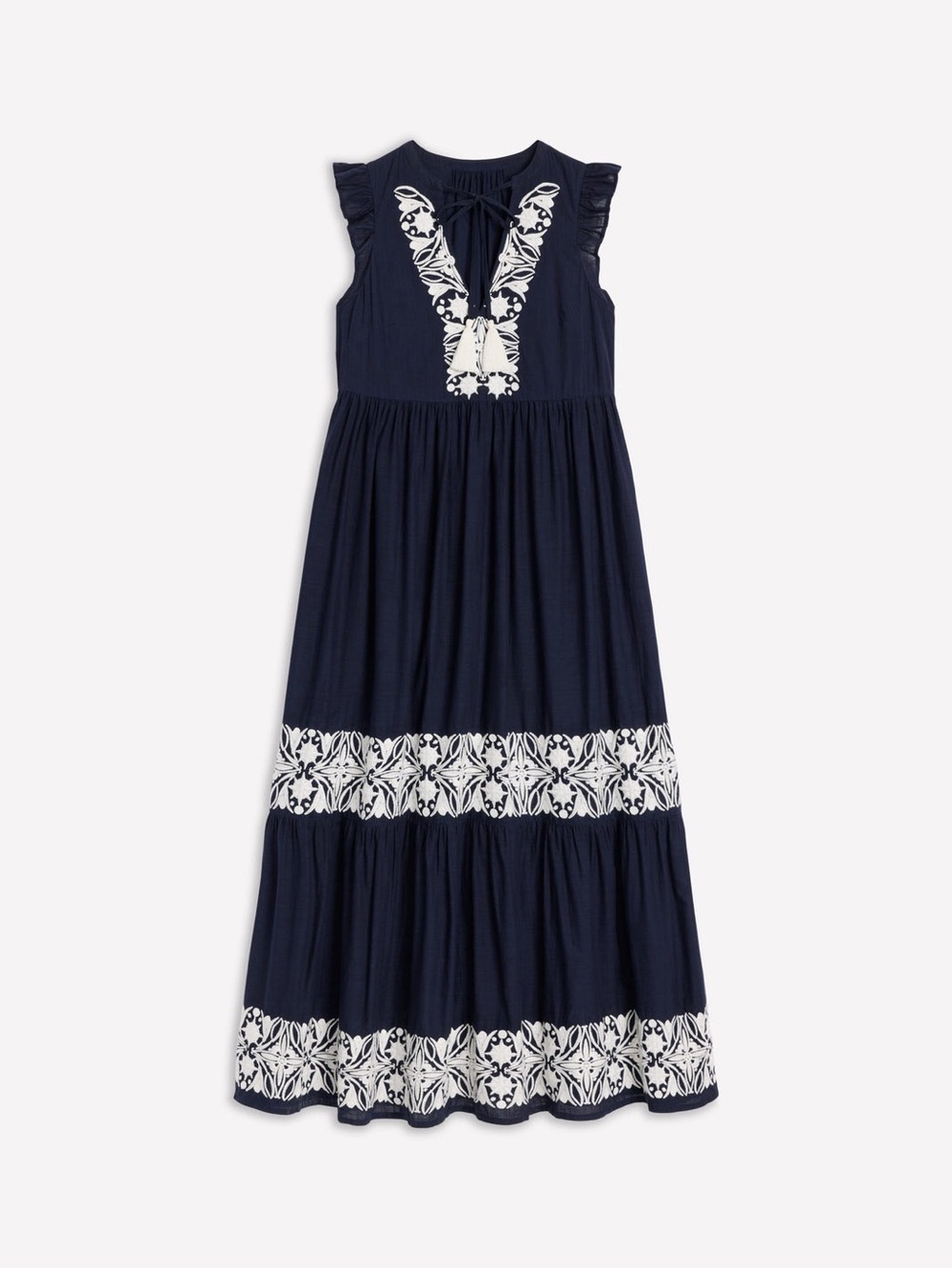 Boden Tie Neck Tiered Maxi Dress Size 6 Navy White Embroidered - Picture 5 of 15